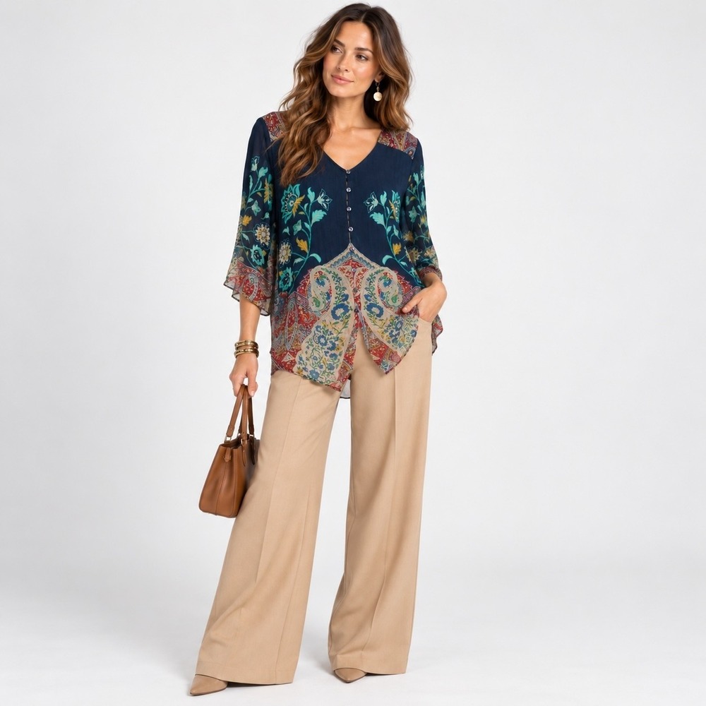 Soft Surroundings Boho Tunic Top Women S Floral Chiffon Button Up Camisole Lined